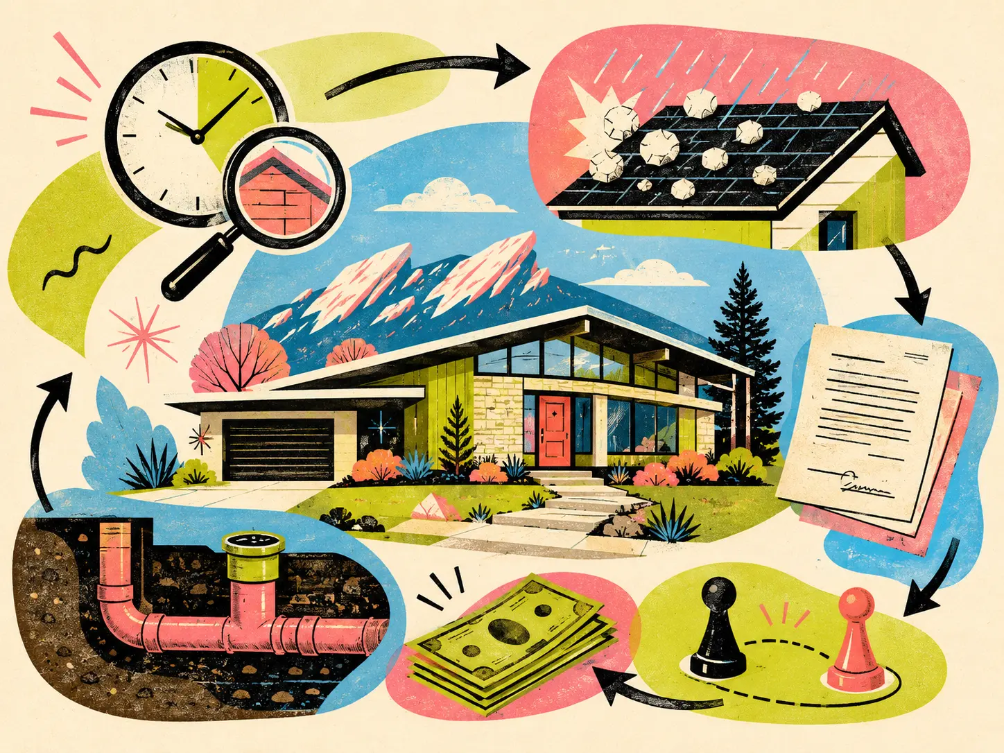 MCM illustration of the deal itself: the inspection clock, the contract, the money and the two sides across the board
