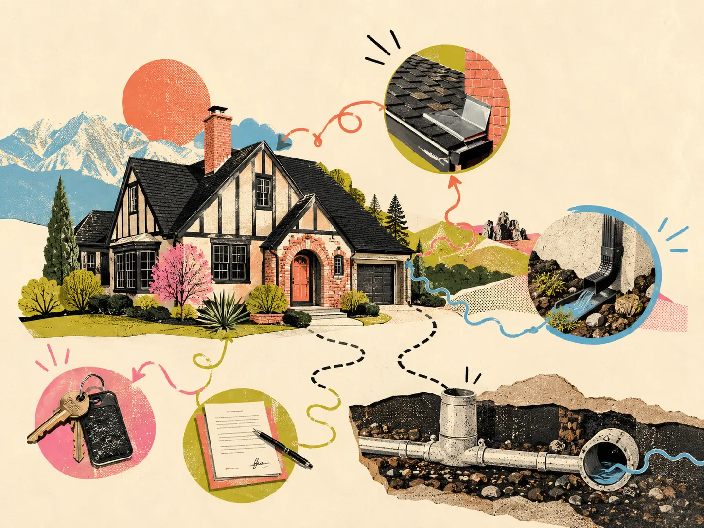 MCM illustration of one Colorado home with its roof, drainage, sewer, keys and contract called out at once